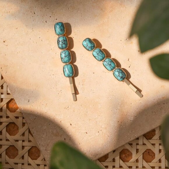 Retro Beads Created Turquoise Hairpins Set of 2 Women's Hair Accessories Bohemia - Picture 5 of 7